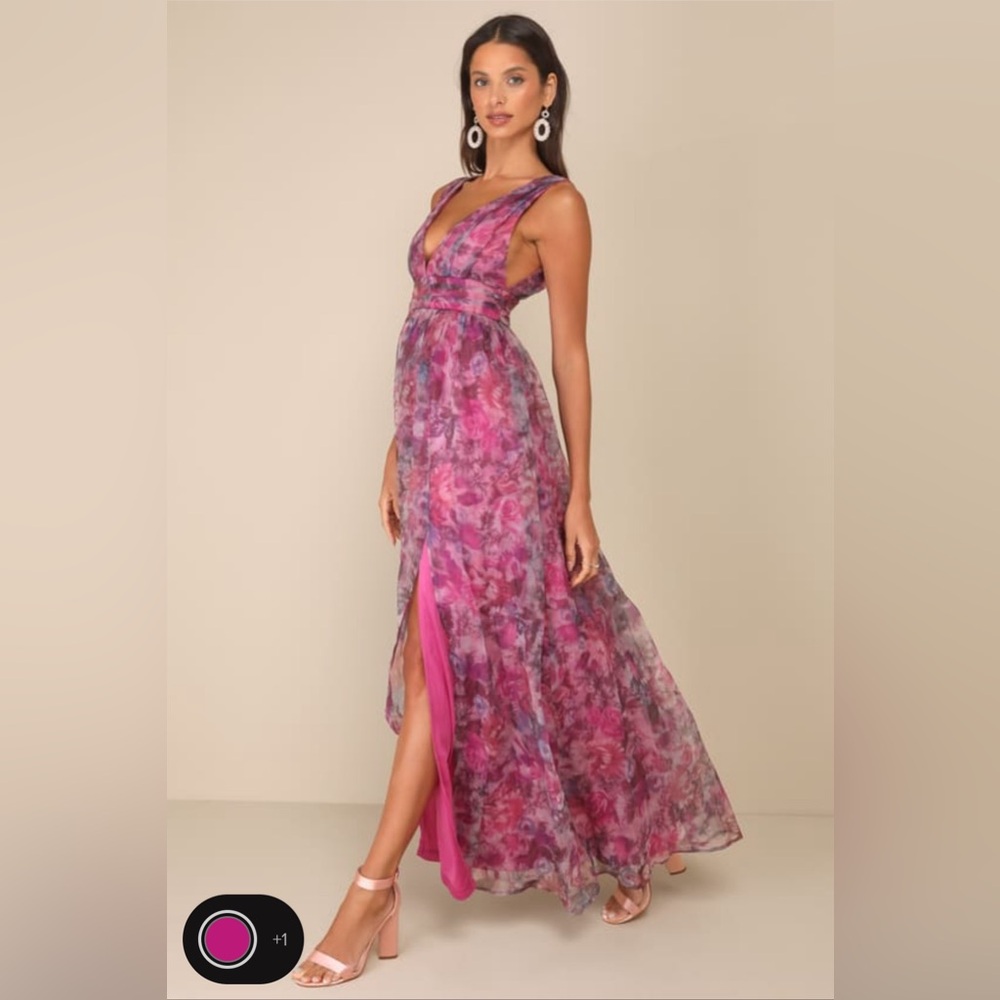 NWOT:  Garden Romance Magenta Floral Print Organza Maxi Dress Size Small